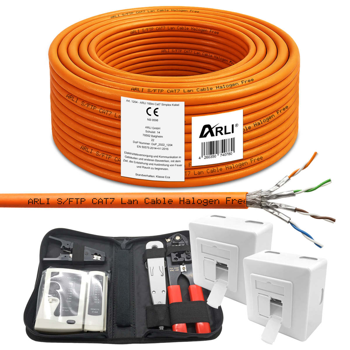 ARLI 100 m Cat7 Verlegekabel + 2 Netzwerkdosen + Werkzeugset mit Crimpzange LSA Netzwerktester Messer Netzwerk Set