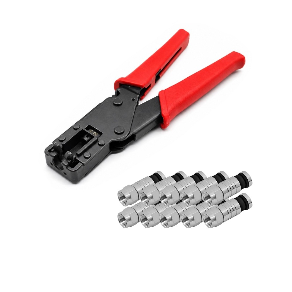Kompressionszange + 10 x F Kompressionsstecker Kompressionsstecker vergoldet gold Kompressionszange kleine Ausführung Crimpzange crimpen Presszange Wasserdicht montieren Kabel 135dB satelliten kabel digitaltauglich konfektionierte TV-Kabel DVB-S DVB-C DVB