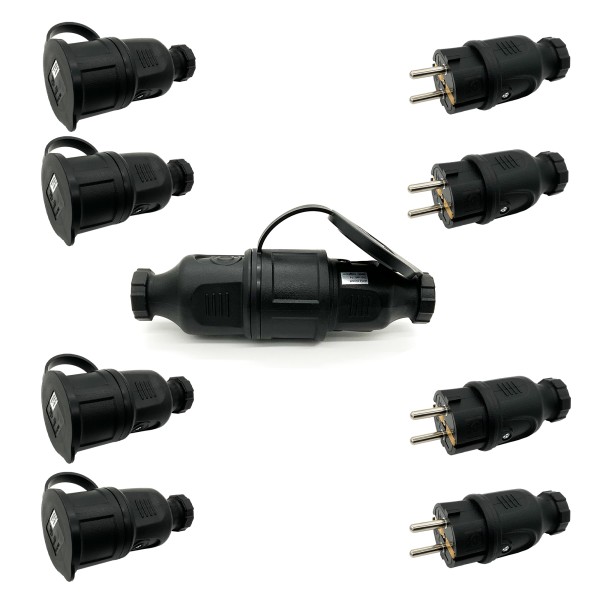 5x Schutzkontaktstecker + 5x Schutzkontaktkupplung mit Deckel IP44 Netzstecker schraubbar Set