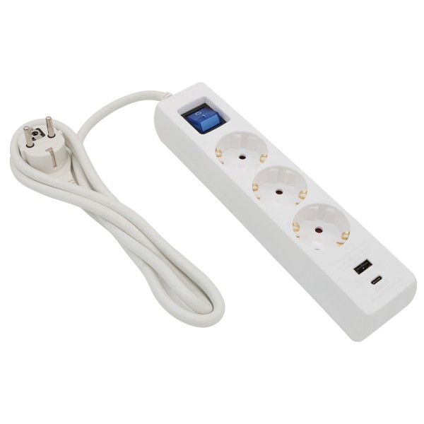 3m Steckdosenleiste weiss 3 fach mit USB-A + USB-C Ladebuchse Schalter flachem Winkelstecker