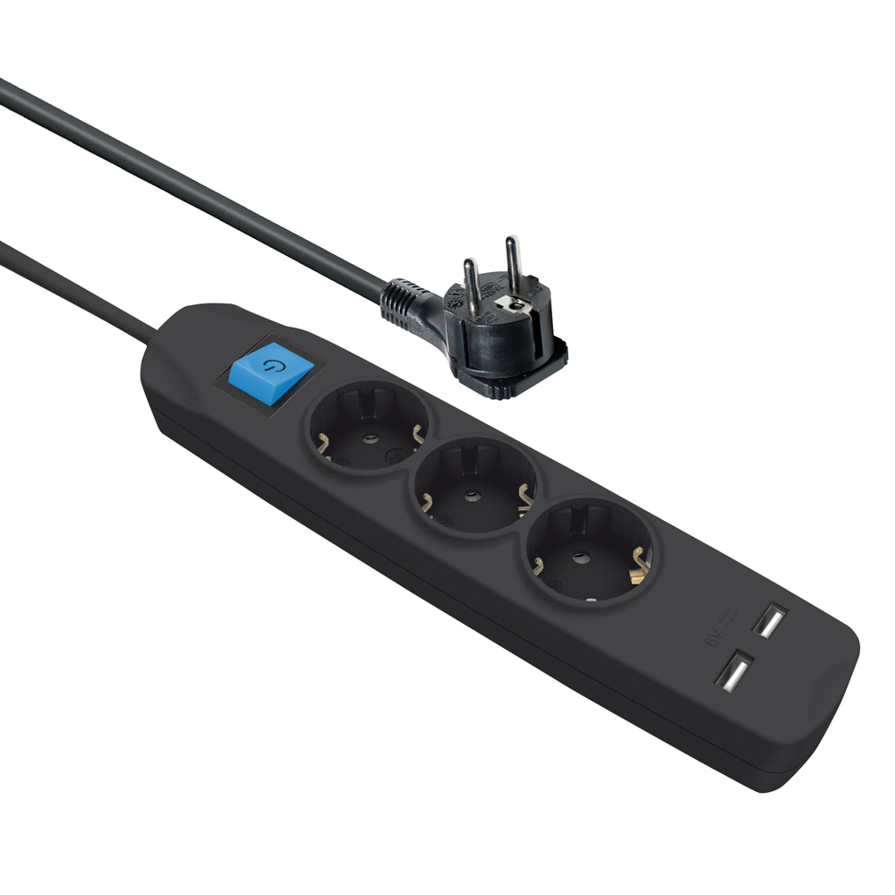 Steckdosenleiste 3 fach mit 2 USB Ladebuchsen Schalter flachem  Winkelstecker 3 m Kabel schwarz
